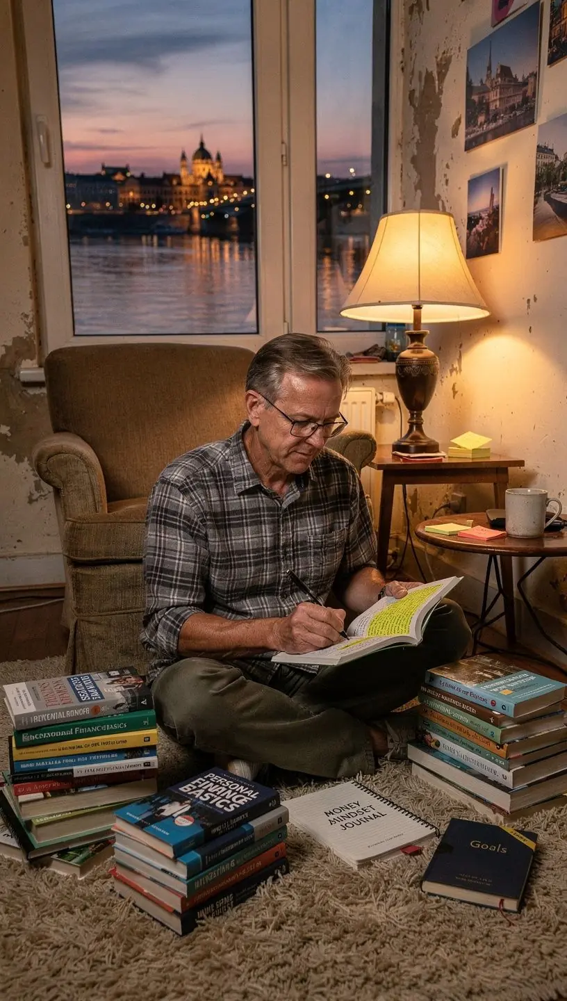 Összegyűjtött pénz és bankjegyek, mellettük egy jegyzetfüzet a pénzügyi célokról.